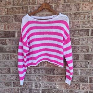 Aerie Pink White Striped Off the Shoulder Sweater Size S/P Small Oversized Knit